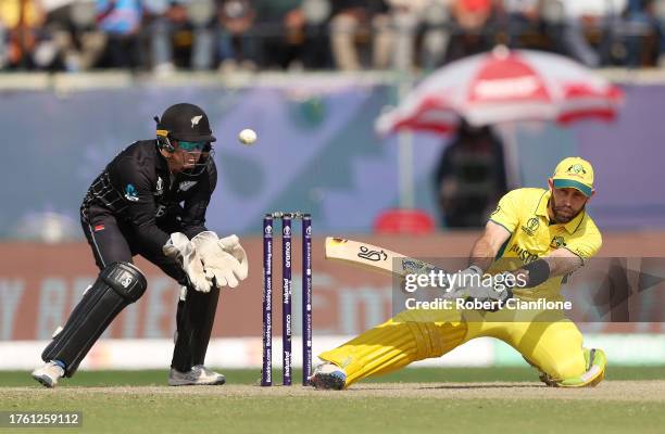 Glenn Maxwell of Australia bats during the ICC Men's Cricket World Cup India 2023 Group Stage Match between Australia and New Zealand at HPCA Stadium...