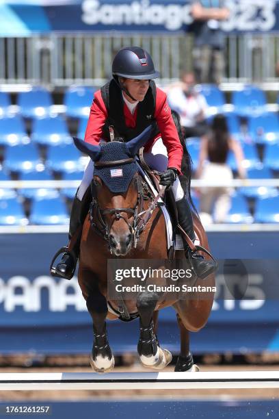 Lauras Kraut of Team United States riding Dorado 212 competes in Equestrian Jumping - Individual Final Round at Escuela de Equitación Regimiento...