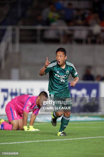 Yoshiro Abe of Matsumoto Yamaga celebrates after scoring his team's second goal during the J.League J1 1st stage match between Matsumoto Yamaga and...