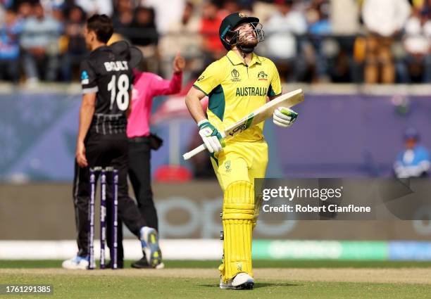 Josh Inglis of Australia reacts after being dismissed during the ICC Men's Cricket World Cup India 2023 Group Stage Match between Australia and New...