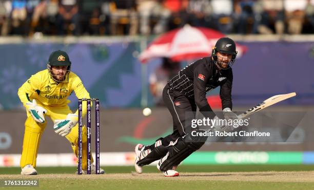 Devon Conway of New Zealand bats during the ICC Men's Cricket World Cup India 2023 Group Stage Match between Australia and New Zealand at HPCA...