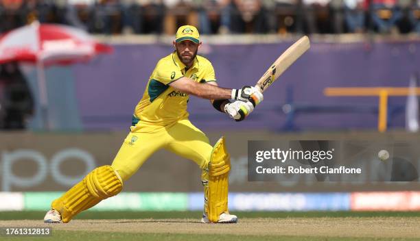 Glenn Maxwell of Australia bats during the ICC Men's Cricket World Cup India 2023 Group Stage Match between Australia and New Zealand at HPCA Stadium...