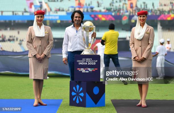 Former Cricketer Ramiz Raja presents ICC Men's Cricket World Cup India 2023 trophy onto the field prior to the ICC Men's Cricket World Cup India 2023...