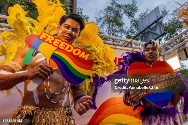 Performer poses for a photo on a float during the parade of Taiwan Pride 2023 on October 28, 2023 in Taipei, Taiwan. The event, held in Taiwan...