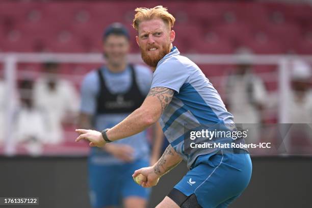 Ben Stokes of England fields during the ICC Men's Cricket World Cup India 2023 India & England Net Sessions at BRSABVE Cricket Stadium on October 28,...