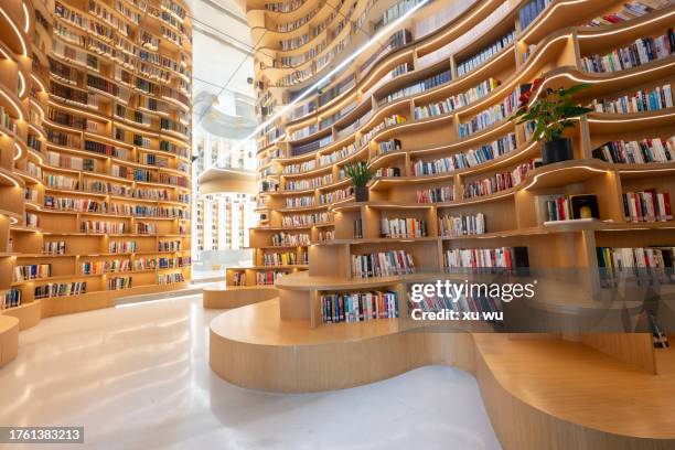 wooden 3d bookcases in the library filled with books - attic storage stockfoto's en -beelden