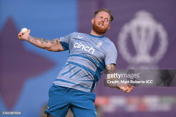 Ben Stokes of England bowls during the ICC Men's Cricket World Cup India 2023 India & England Net Sessions at BRSABVE Cricket Stadium on October 28,...