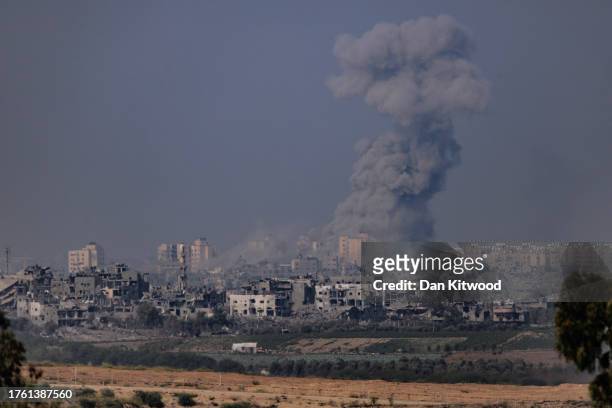 Smoke rises from an explosion in Gaza on October 28, 2023 seen from Sderot, Israel. In the wake of the Oct. 7 attacks by Hamas that left an estimated...