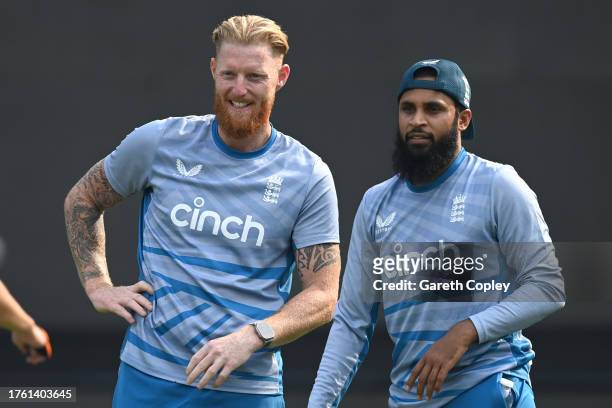 Ben Stokes and Adil Rashid of England during a nets session at Bharat Ratna Shri Atal Bihari Vajpayee Ekana Cricket Stadium on October 28, 2023 in...
