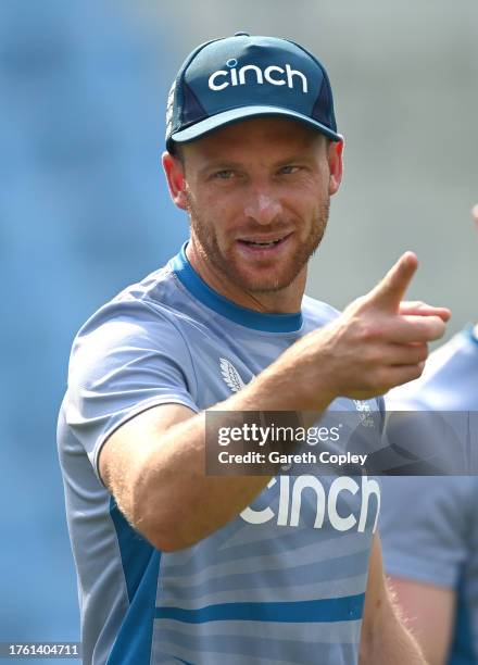 England captain Jos Buttler during a nets session at Bharat Ratna Shri Atal Bihari Vajpayee Ekana Cricket Stadium on October 28, 2023 in Lucknow,...