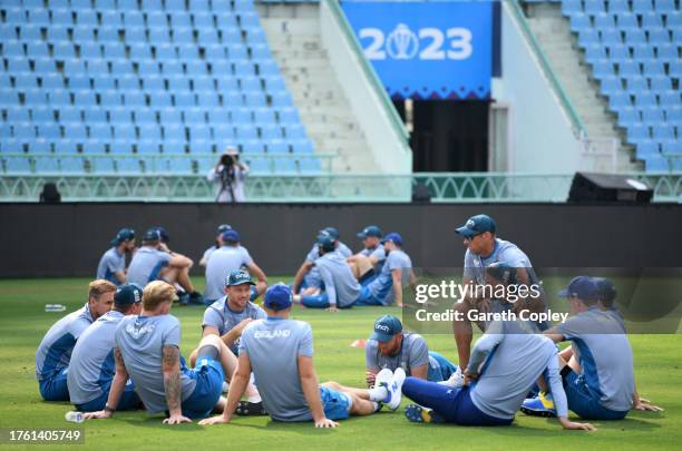 England captain Jos Buttler speaks with to the batters in a meeting ahead of a nets session at Bharat Ratna Shri Atal Bihari Vajpayee Ekana Cricket...