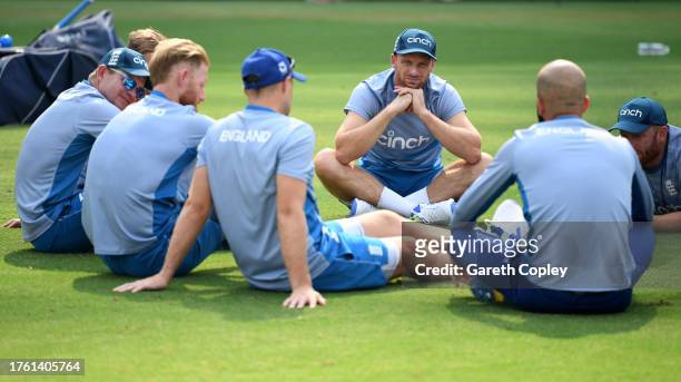 England captain Jos Buttler speaks with to the batters in a meeting ahead of a nets session at Bharat Ratna Shri Atal Bihari Vajpayee Ekana Cricket...