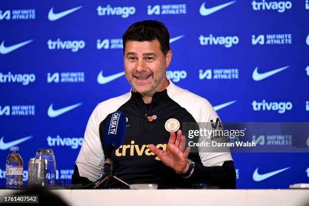 Mauricio Pochettino of Chelsea during a press conference at Chelsea Training Ground on November 3, 2023 in Cobham, England.