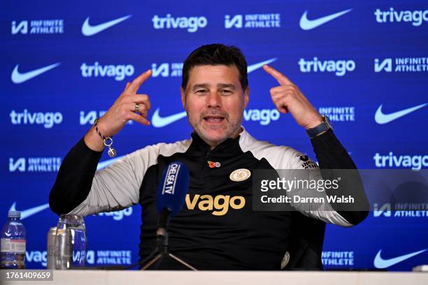 Mauricio Pochettino of Chelsea during a press conference at Chelsea Training Ground on November 3, 2023 in Cobham, England.