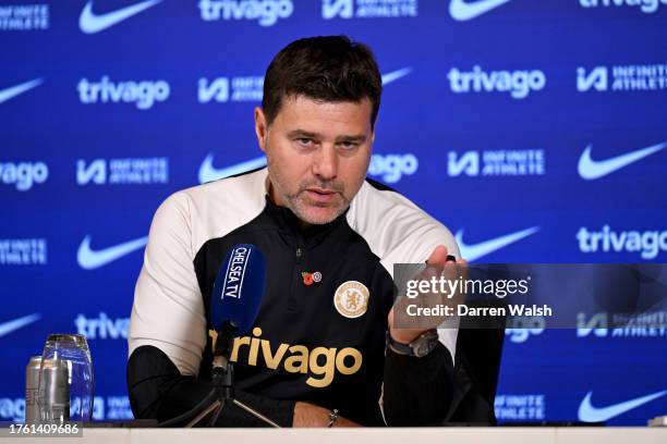 Mauricio Pochettino of Chelsea during a press conference at Chelsea Training Ground on November 3, 2023 in Cobham, England.