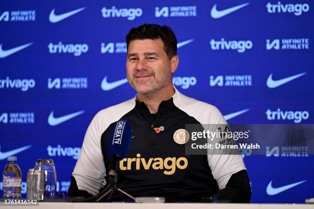 Mauricio Pochettino of Chelsea during a press conference at Chelsea Training Ground on November 3, 2023 in Cobham, England.