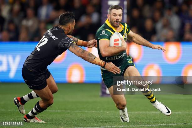 James Tedesco of Australia runs with the ball during the Men's pacific Championship match between Australia Kangaroos and New Zealand Kiwis at AAMI...