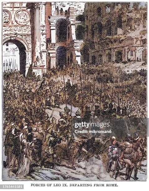 old engraved illustration of "force of leo ix departing from rome." - scene presumably refers to the journey taken by pope leo ix in 1053 to assert authority over southern italy and leo was captured and imprisoned by normans - pope leo ix stock pictures, royalty-free photos & images