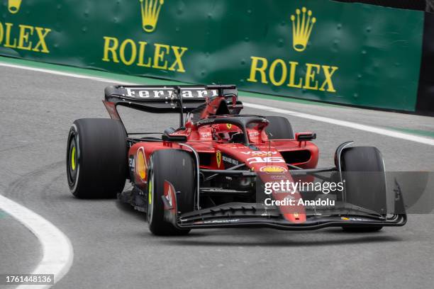 Driver Charles Leclerc of Ferrari competes during the free practice session of the Grand Prix Sao Paulo of Formula 1, at the Interlagos Autodrome in...