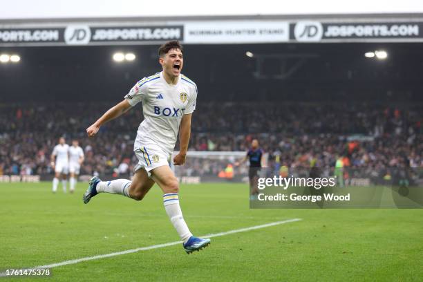 Daniel James of Leeds United celebrates after scoring the team's first goal during the Sky Bet Championship match between Leeds United and...