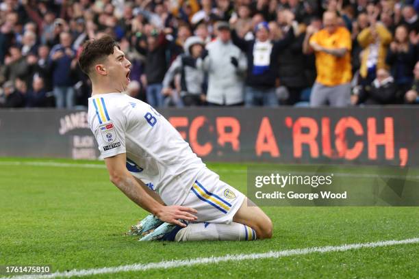 Daniel James of Leeds United celebrates after scoring the team's first goal during the Sky Bet Championship match between Leeds United and...