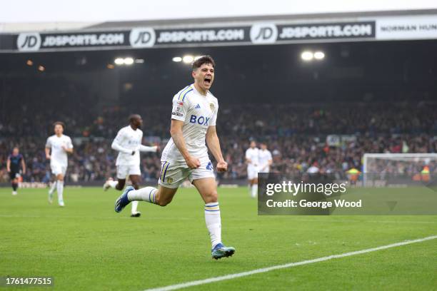 Daniel James of Leeds United celebrates after scoring the team's first goal during the Sky Bet Championship match between Leeds United and...