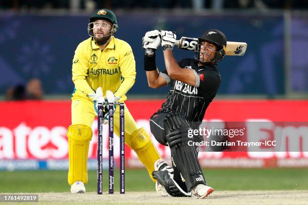 Rachin Ravindra of New Zealand bats during the ICC Men's Cricket World Cup India 2023 between Australia and New Zealand at HPCA Stadium on October...
