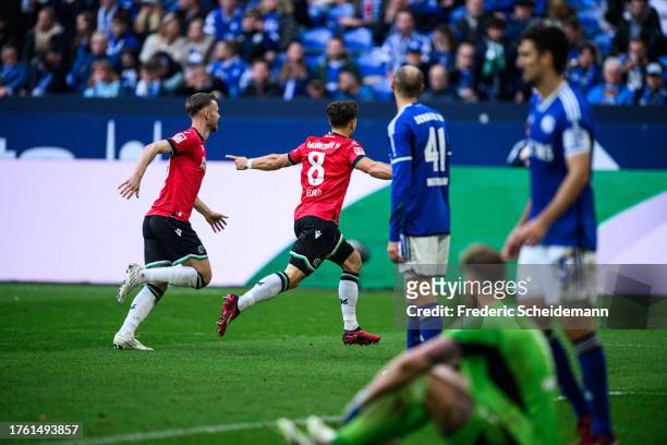 Enzo Leopold of Hannover celebrates after scoring his teams first goal during the Second Bundesliga match between FC Schalke 04 and Hannover 96 at...