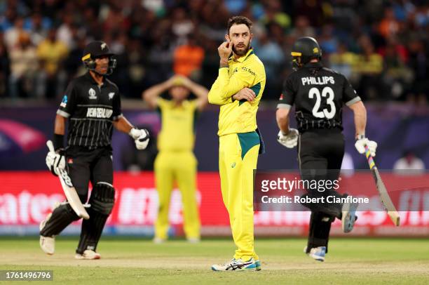 Glenn Maxwell of Australia looks on after a missed opportunity during the ICC Men's Cricket World Cup India 2023 Group Stage Match between Australia...