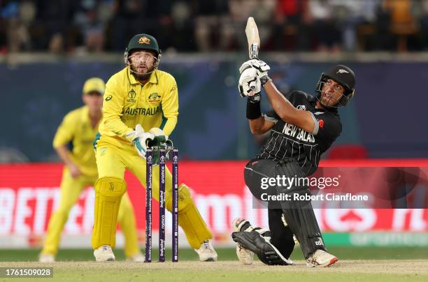 Rachin Ravindra of New Zealand bats during the ICC Men's Cricket World Cup India 2023 Group Stage Match between Australia and New Zealand at HPCA...