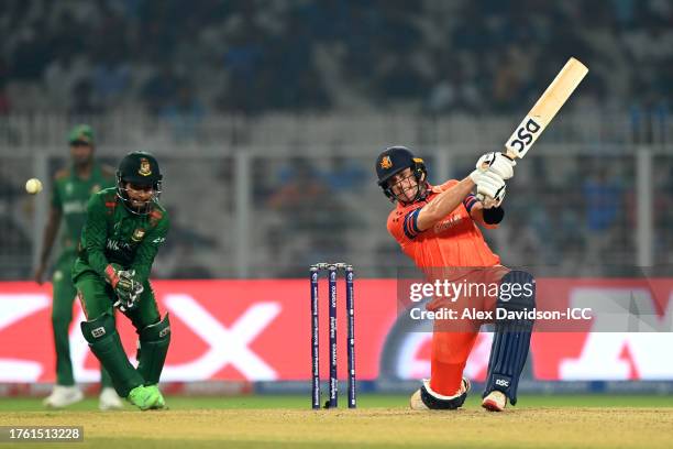 Logan Van Beek of the Netherlands bats during the ICC Men's Cricket World Cup India 2023 Group Stage Match between Netherlands and Bangladesh at Eden...
