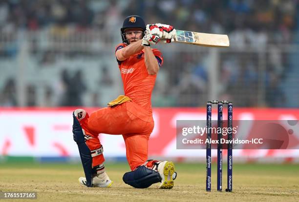 Sybrand Engelbrecht of the Netherlands bats during the ICC Men's Cricket World Cup India 2023 Group Stage Match between Netherlands and Bangladesh at...