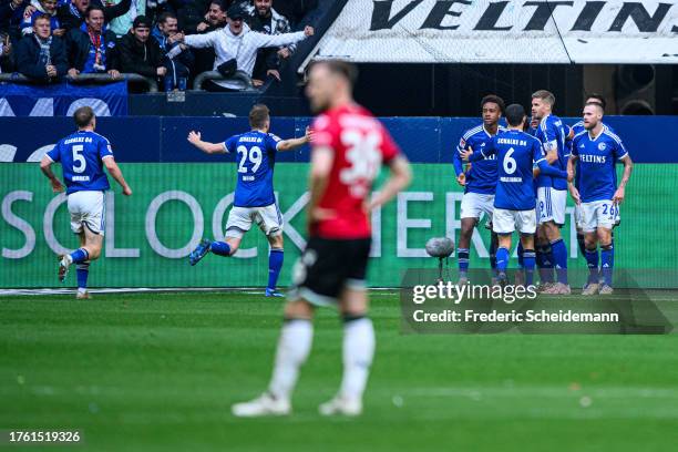 Lino Tempelmann of Schalke celebrates after scoring his teams second goal during the Second Bundesliga match between FC Schalke 04 and Hannover 96 at...