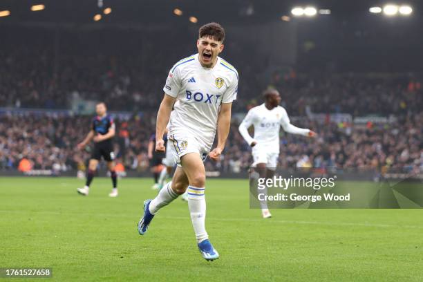 Daniel James of Leeds United celebrates after scoring the team's first goal during the Sky Bet Championship match between Leeds United and...
