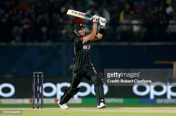 Trent Boult of New Zealand bats during the ICC Men's Cricket World Cup India 2023 Group Stage Match between Australia and New Zealand at HPCA Stadium...