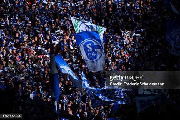 Fans of Schalke celebrates the victory after the Second Bundesliga match between FC Schalke 04 and Hannover 96 at Veltins Arena on October 28, 2023...