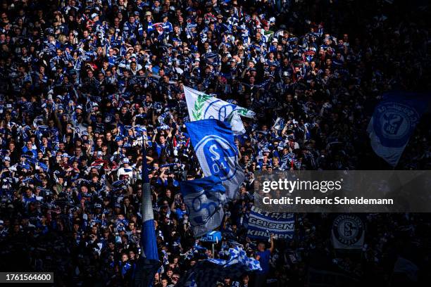 Fans of Schalke celebrates the victory after the Second Bundesliga match between FC Schalke 04 and Hannover 96 at Veltins Arena on October 28, 2023...