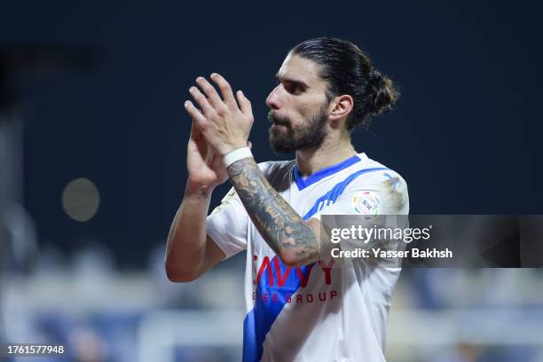 Ruben Neves of Al Hilal victory celebrates after the Saudi Pro League match between Al Fateh and Al-Hilal at Prince Abdullah Bin Jalawi Stadium on...