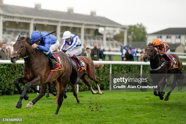 William Buick riding Ancient Wisdom win The Kameko Futurity Trophy Stakes at Doncaster Racecourse on October 28, 2023 in Doncaster, England.