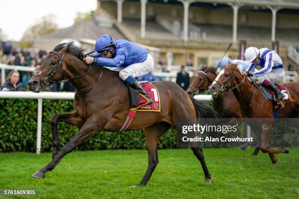 William Buick riding Ancient Wisdom win The Kameko Futurity Trophy Stakes at Doncaster Racecourse on October 28, 2023 in Doncaster, England.