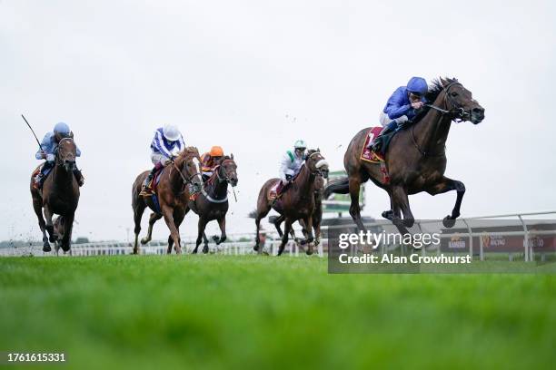 William Buick riding Ancient Wisdom win The Kameko Futurity Trophy Stakes at Doncaster Racecourse on October 28, 2023 in Doncaster, England.
