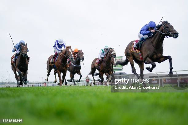 William Buick riding Ancient Wisdom win The Kameko Futurity Trophy Stakes at Doncaster Racecourse on October 28, 2023 in Doncaster, England.