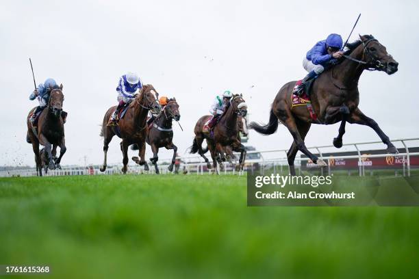 William Buick riding Ancient Wisdom win The Kameko Futurity Trophy Stakes at Doncaster Racecourse on October 28, 2023 in Doncaster, England.