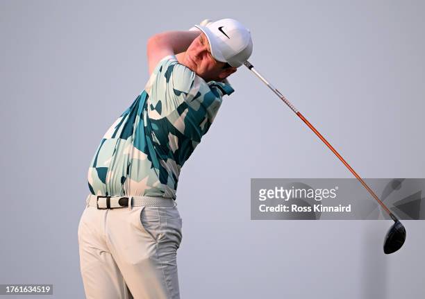 Robert MacIntyre of Scotland on the 11th tee during the third round of the Commercial Bank Qatar Masters at Doha Golf Club on October 28, 2023 in...