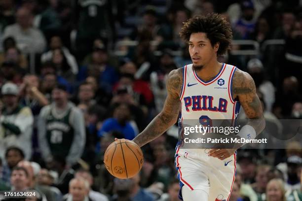 Kelly Oubre Jr. #9 of the Philadelphia 76ers dribbles the ball against Milwaukee Bucks in the second half at Fiserv Forum on October 26, 2023 in...