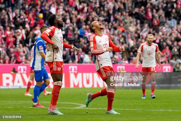 Leroy Sane of Bayern Munich celebrates after scoring a goal which was later disallowed due to offside during the Bundesliga match between FC Bayern...
