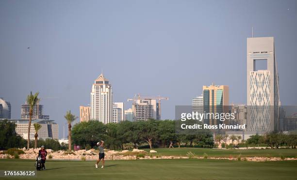 Antoine Rozner of France on the 18th hole during the third round of the Commercial Bank Qatar Masters at Doha Golf Club on October 28, 2023 in Doha,...