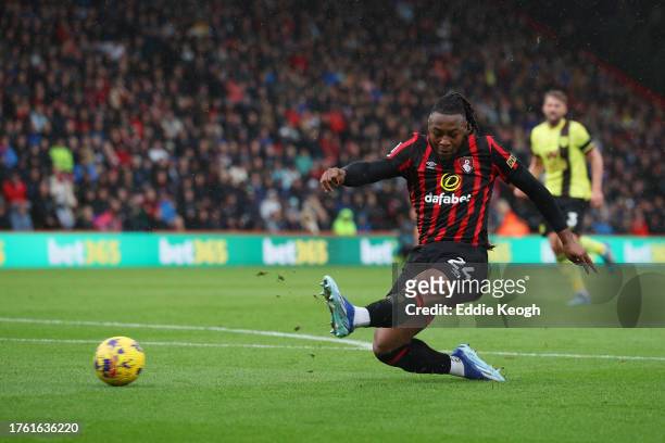 Antoine Semenyo of AFC Bournemouth scores the team's first goal during the Premier League match between AFC Bournemouth and Burnley FC at Vitality...
