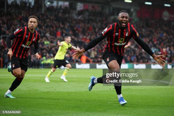 Antoine Semenyo of AFC Bournemouth celebrates after scoring the team's first goal during the Premier League match between AFC Bournemouth and Burnley...