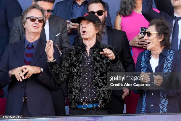 Mick Jagger and Ronnie Wood of the Rolling Stones are seen in attendance as FC Barcelona debut their limited edition match shirt featuring the...